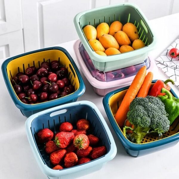 Multifunctional Double Layer Covered Drainage Basket Kitchen Refrigerator Drainage Storage Box Plast