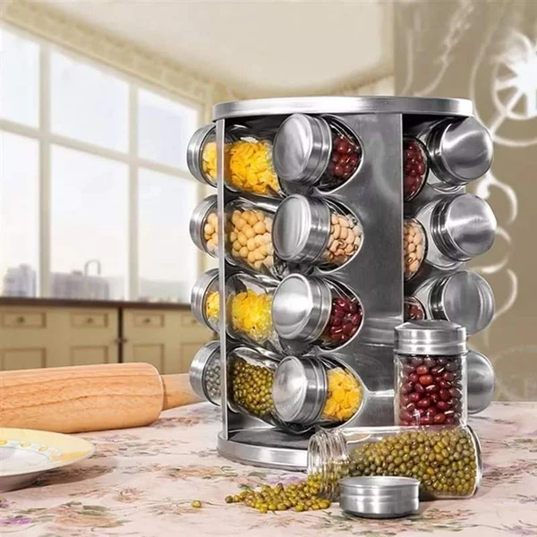 Rotating stainless steel Spice organizer 16 jars