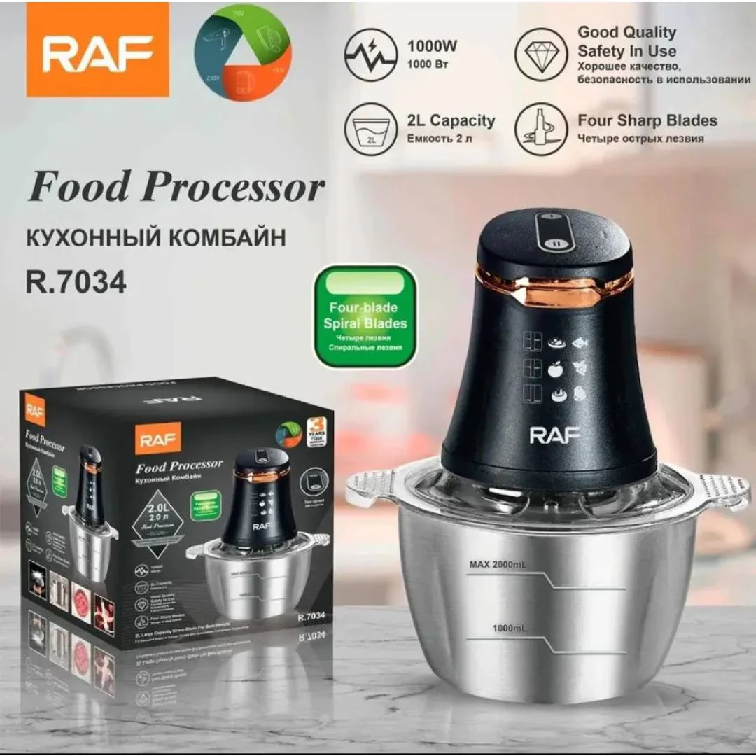 NewProject_5_a53d0cd6-7dde-4e2d-807a-7e0090b439f5.webp RAF Food Processor Chopper Stainless Steel Kitchen Blender 4 Sharp Blades 2 Liter Capacity R.7034 - Image 1